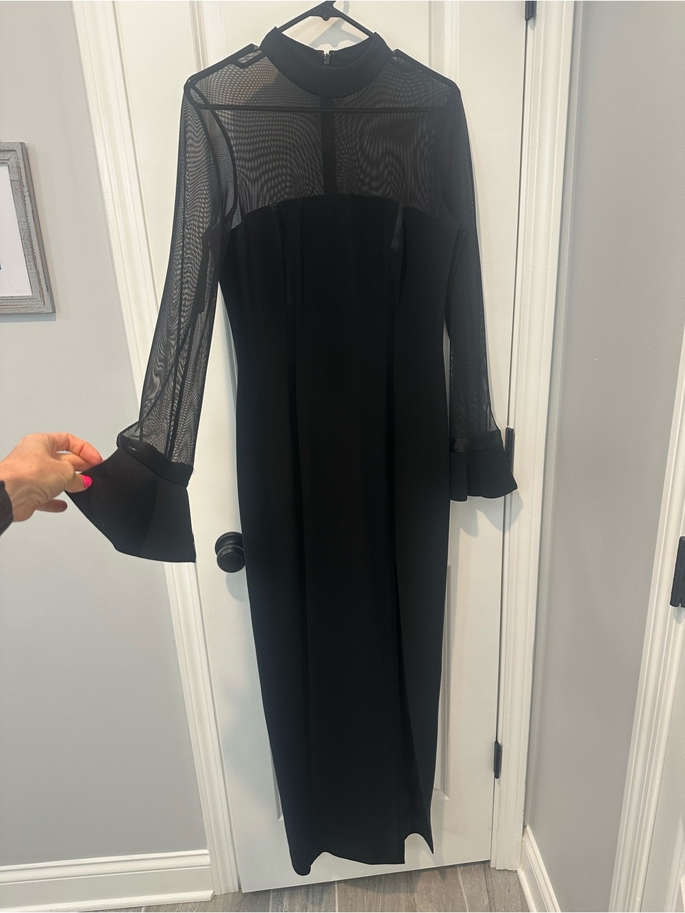 Oleg Cassini “Black Tie” Long Sleeve Mesh Dress with Flared Satin Cuffs
